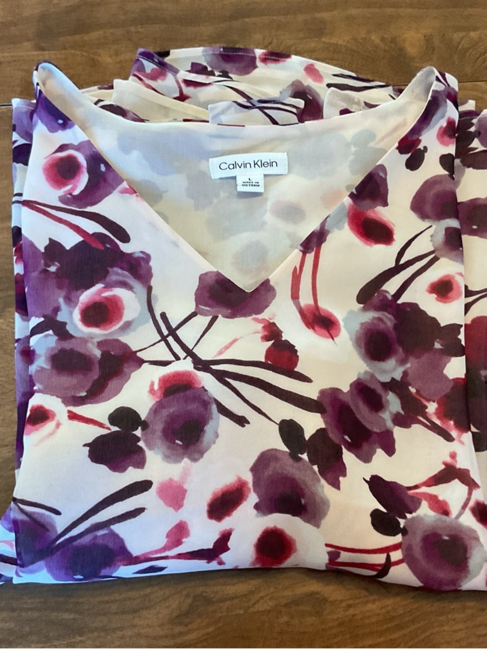 Calvin Klein Watercolor Floral V-Neck Blouse in Purple & Pink